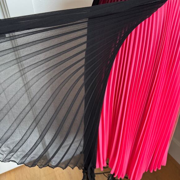 Loyd/Ford Pink Pleated Satin Sheer Black Overlay Midi Colorblock Skirt- Small - Picture 4 of 8